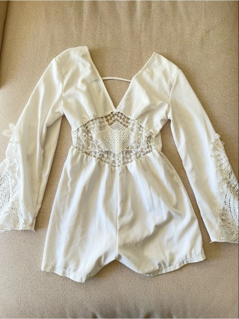 White Lace-Inset Long Sleeve Romper